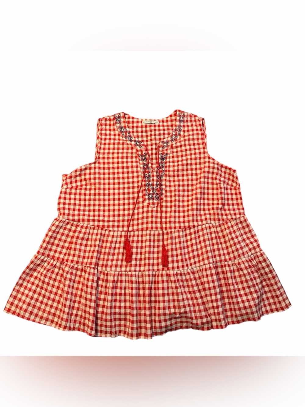 Sleeveless Red Gingham Tunic Top with Tassel Detail